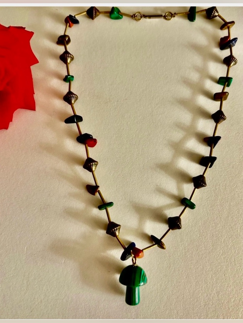 Necklace vintage Sodalite, Malachite, Red Jasper stone & Malachite mushroom 17”